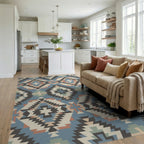 Southwestern Geometric Medallion Cream Blue Rug Living Room View