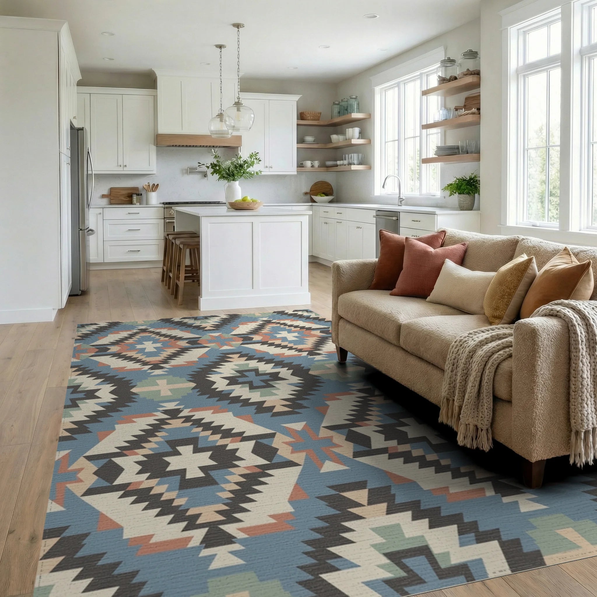 Southwestern Geometric Medallion Cream Blue Rug Living Room View