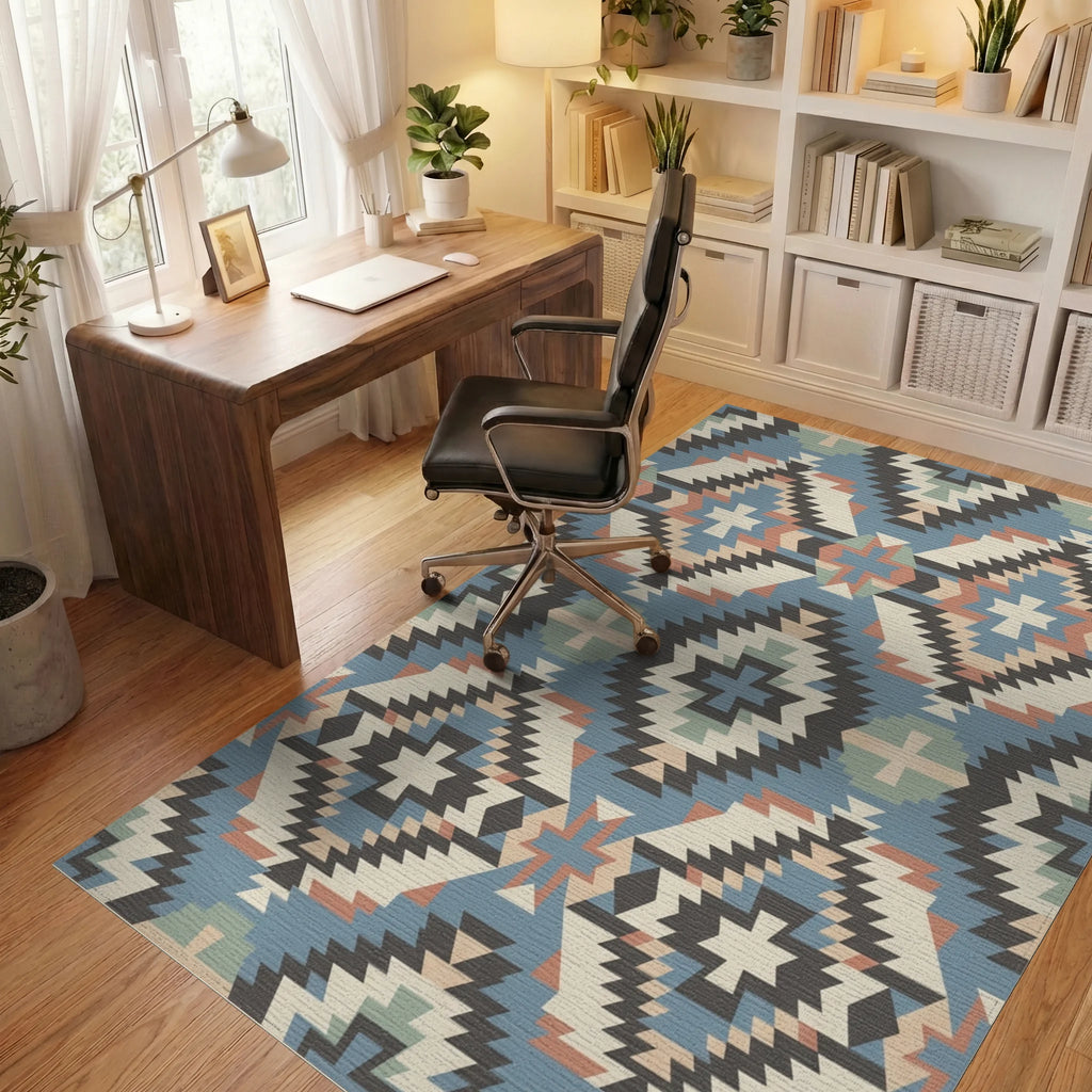 Southwestern Geometric Medallion Cream Blue Rug Office View