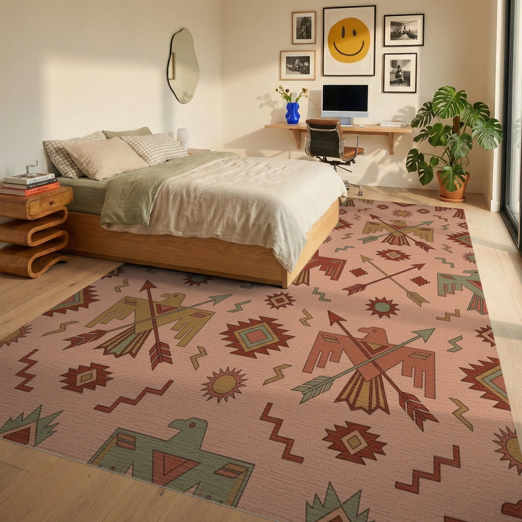 Southwestern Thunderbird Arrows Sun Rug Bedroom View