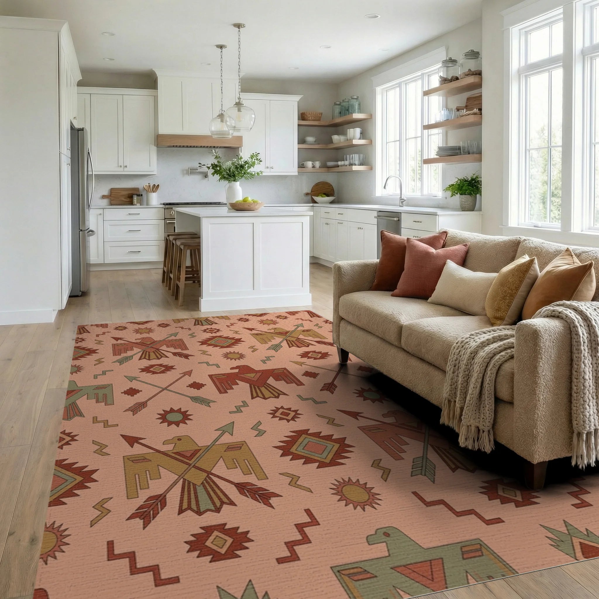 Southwestern Thunderbird Arrows Sun Rug Living Room View