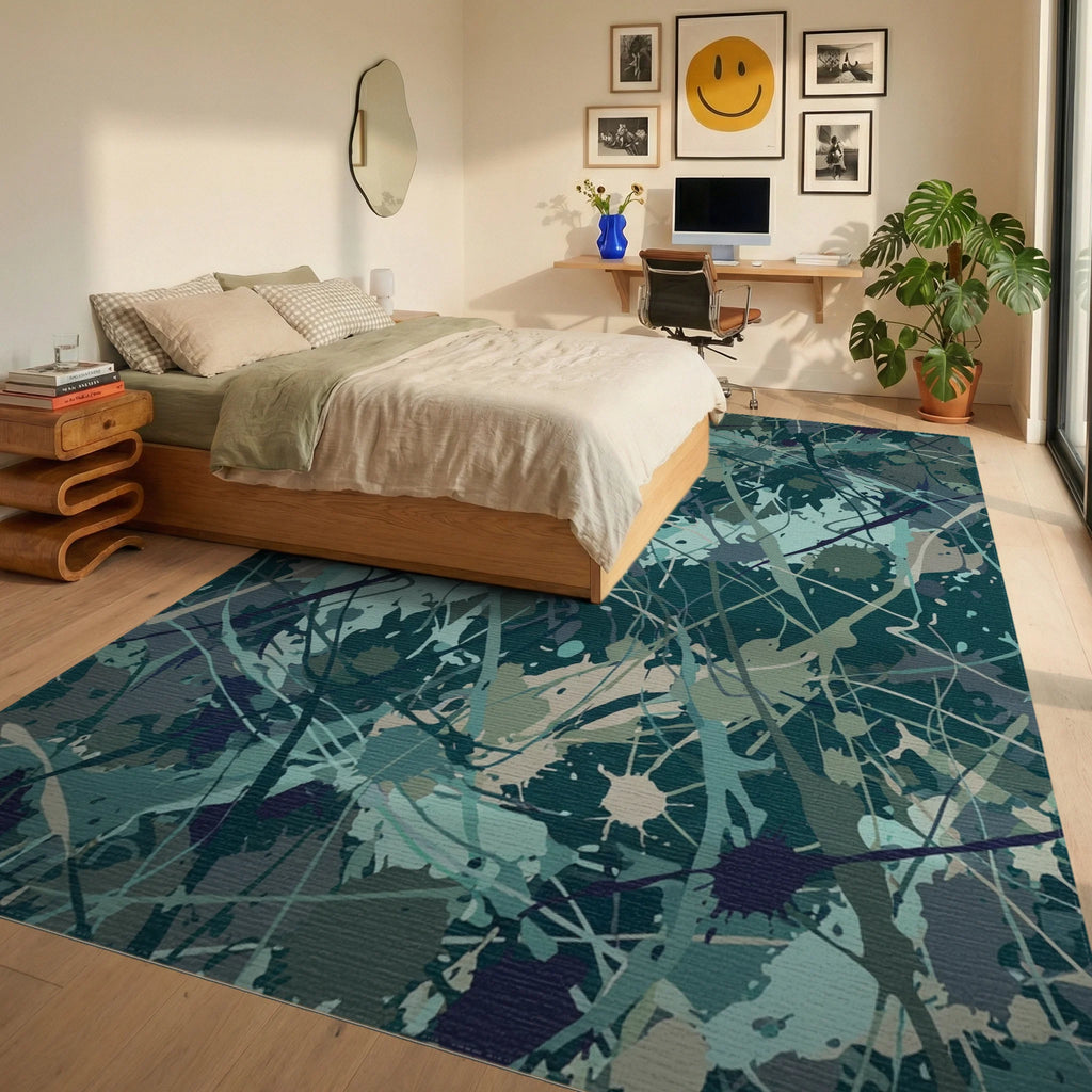 Splash Paint Abstract Teal and Tan Canvas Rug Bedroom View
