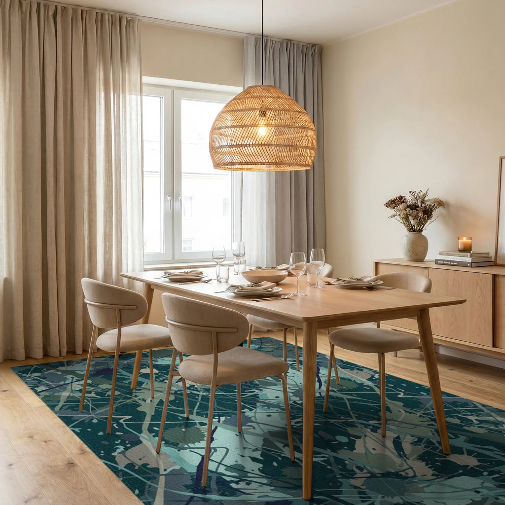 Splash Paint Abstract Teal and Tan Canvas Rug Dining Room View
