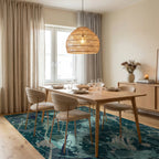 Splash Paint Abstract Teal and Tan Canvas Rug Dining Room View