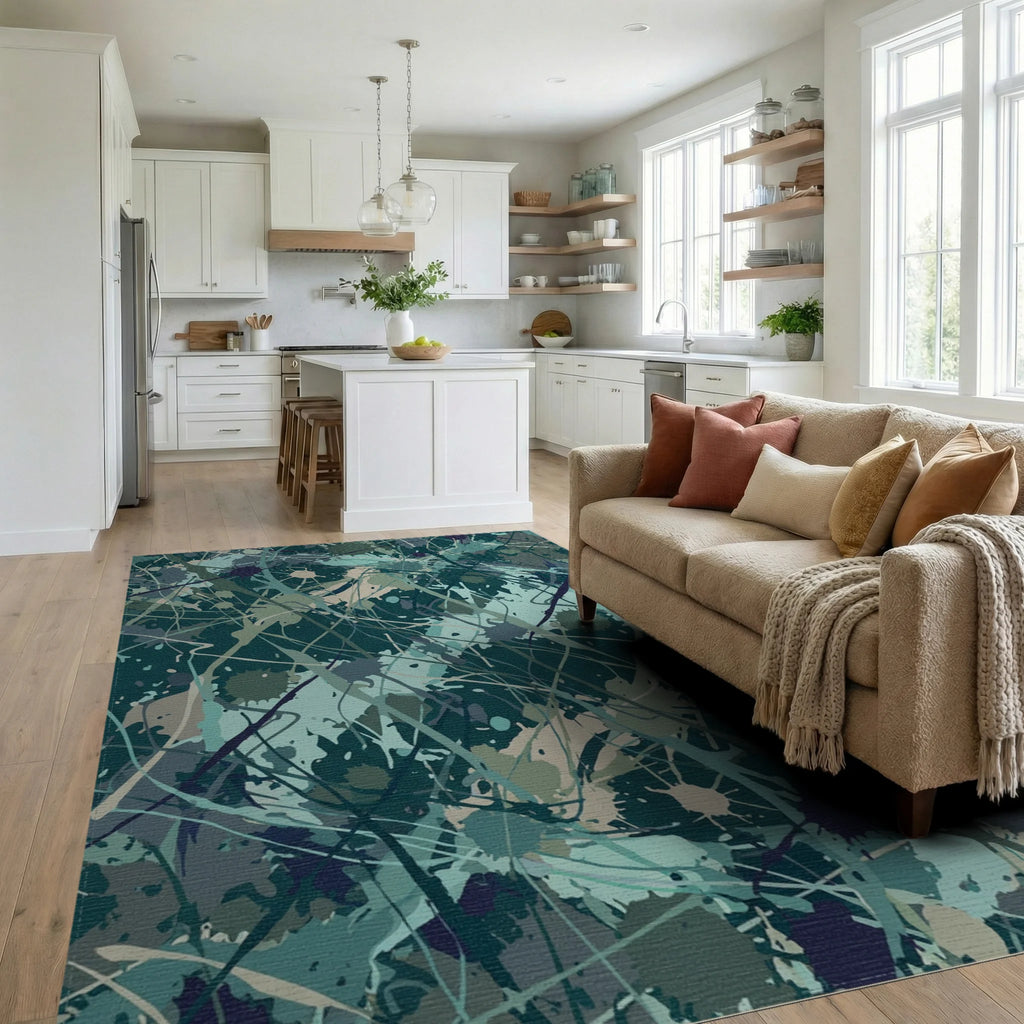 Splash Paint Abstract Teal and Tan Canvas Rug Living Room View
