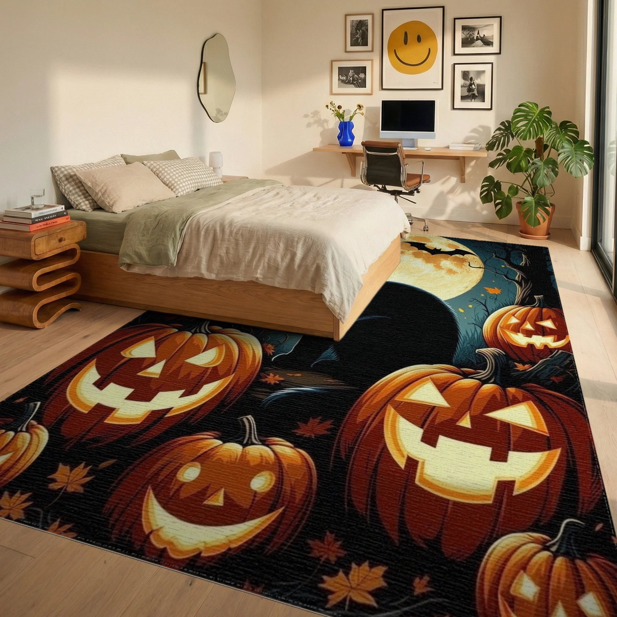 Spooky Black Cat Jack o Lanterns Rug - Bedroom View