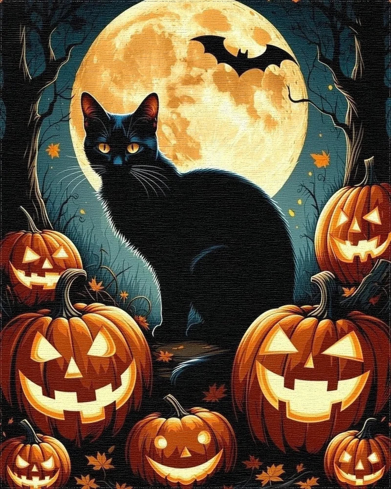 Spooky Black Cat Jack o Lanterns Rug - Cutout View