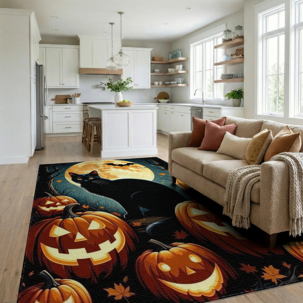 Spooky Black Cat Jack o Lanterns Rug - Living Room View