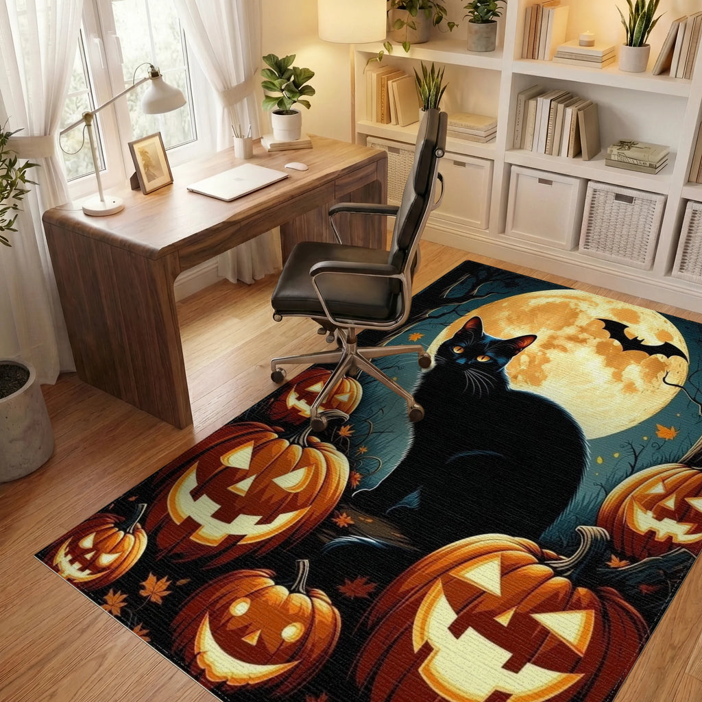 Spooky Black Cat Jack o Lanterns Rug - Office View