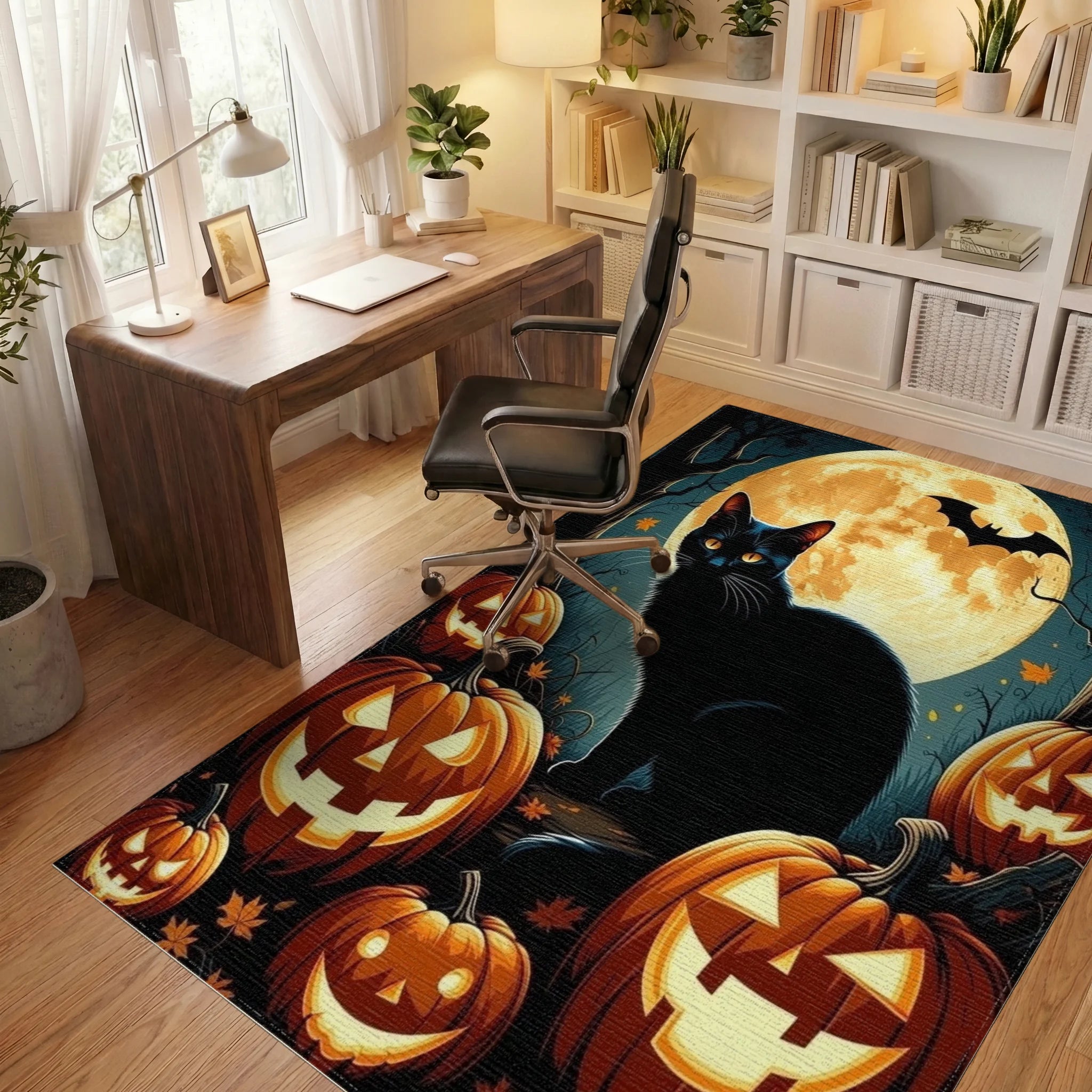Spooky Black Cat Jack o Lanterns Rug - Office View