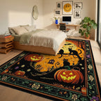 Spooky Black Cats Full Moon Pumpkins Rug - Bedroom View