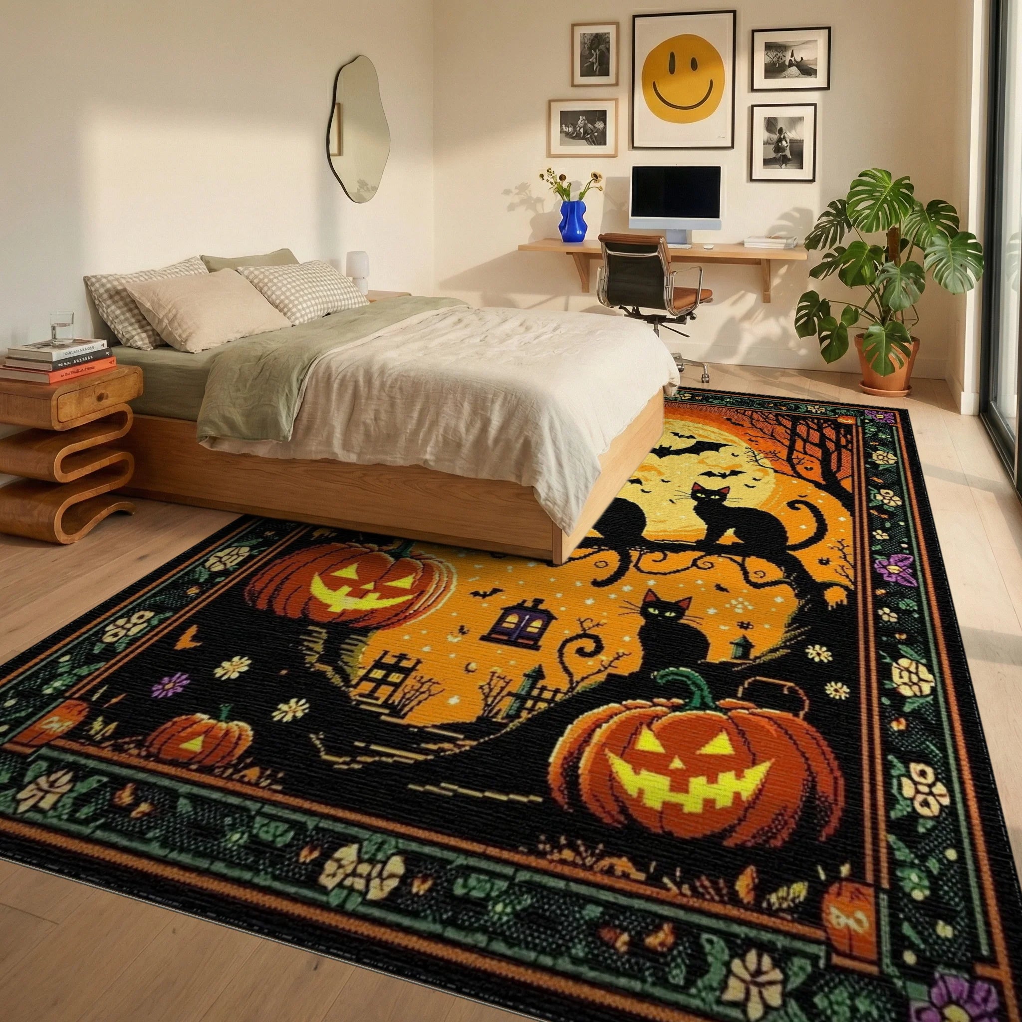 Spooky Black Cats Full Moon Pumpkins Rug - Bedroom View