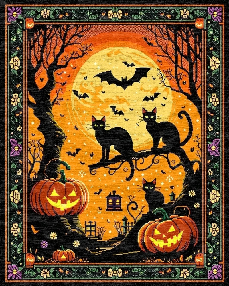 Spooky Black Cats Full Moon Pumpkins Rug - Cutout View