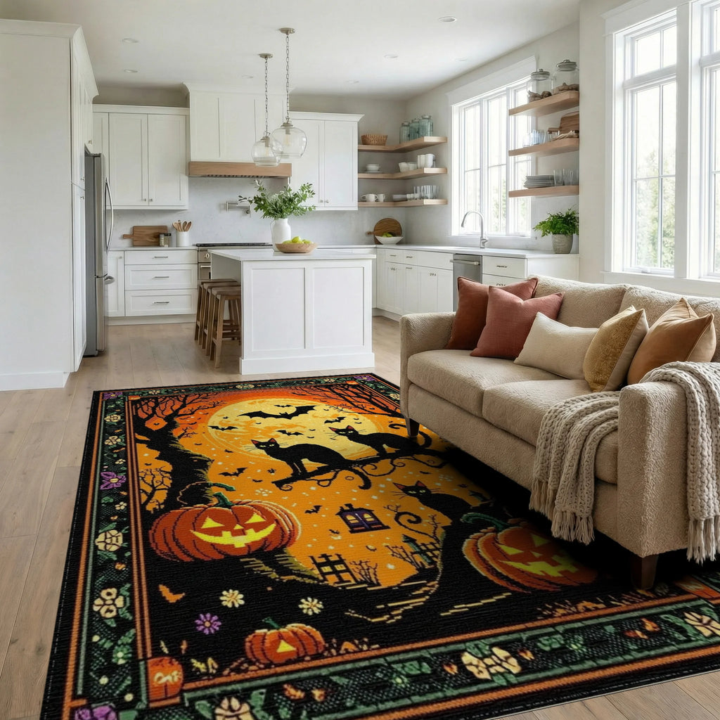 Spooky Black Cats Full Moon Pumpkins Rug - Living Room View