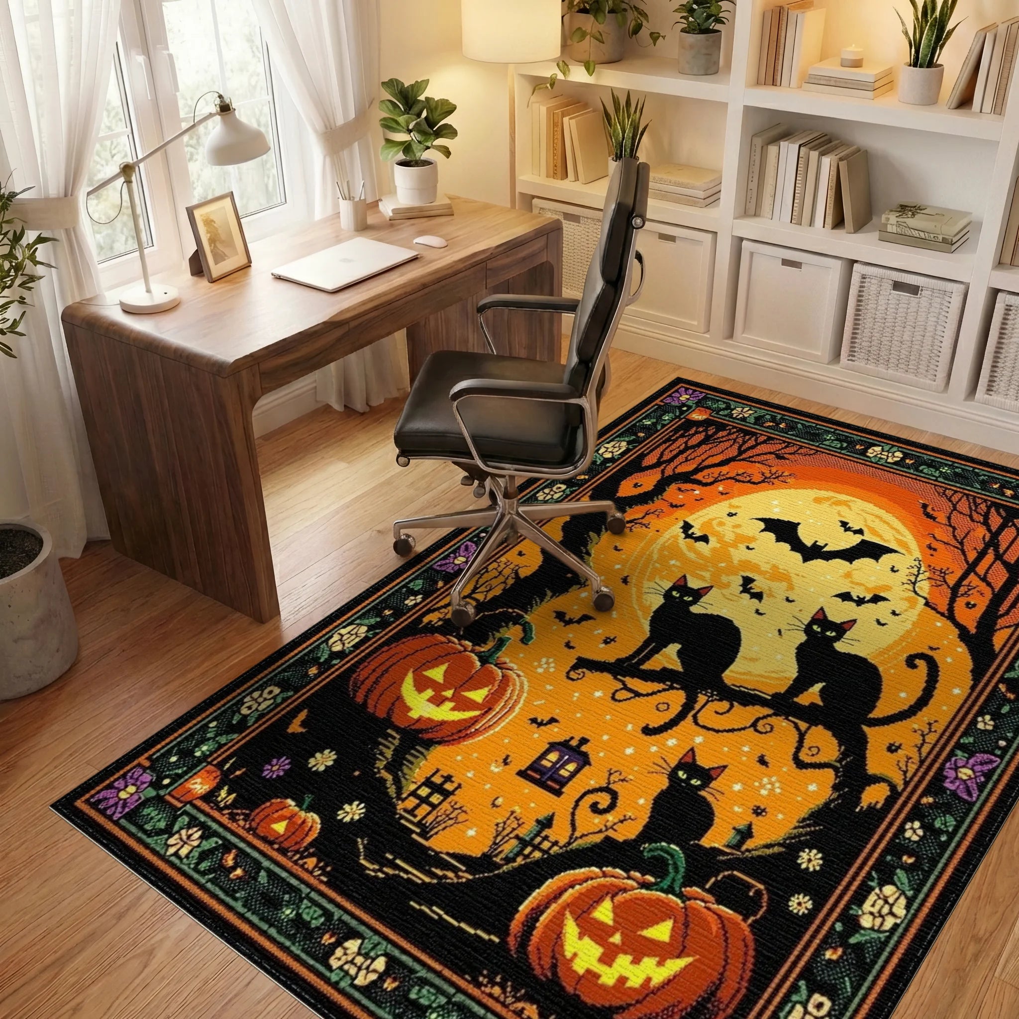 Spooky Black Cats Full Moon Pumpkins Rug - Office View
