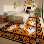 Spooky Ghost Pumpkin Halloween Pattern Rug - Bedroom View