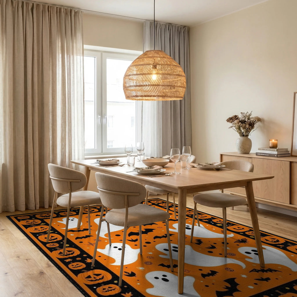 Spooky Ghost Pumpkin Halloween Pattern Rug - Dining Room View