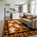 Spooky Ghost Pumpkin Halloween Pattern Rug - Living Room View