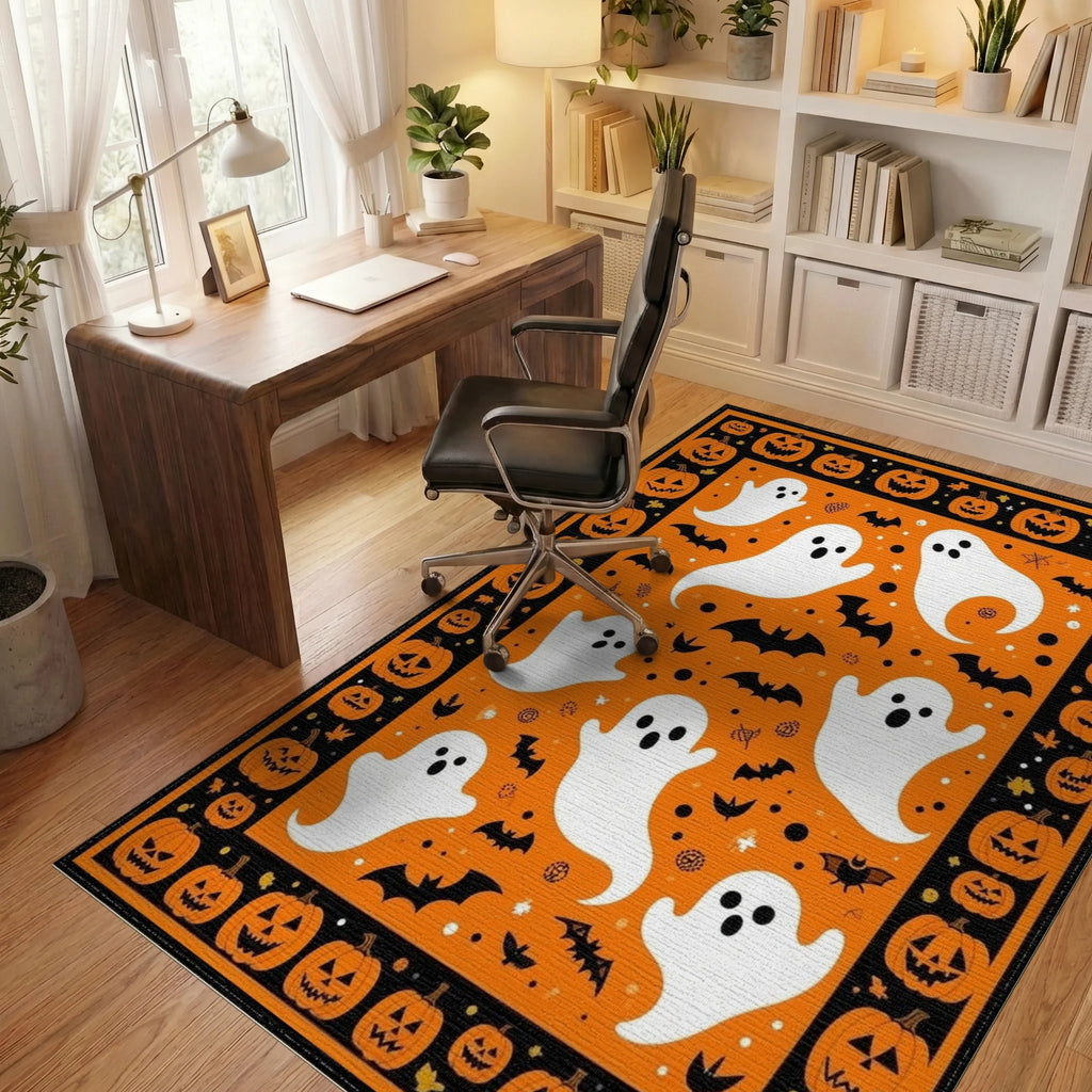 Spooky Ghost Pumpkin Halloween Pattern Rug - Office View