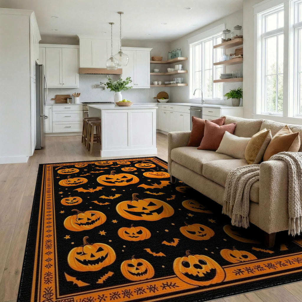 Spooky Jack-o-Lantern Bat Pattern Rug - Living Room View