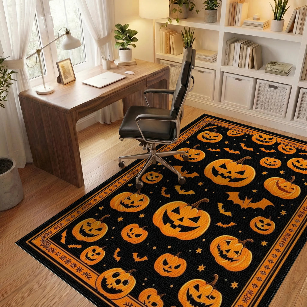 Spooky Jack-o-Lantern Bat Pattern Rug - Office View