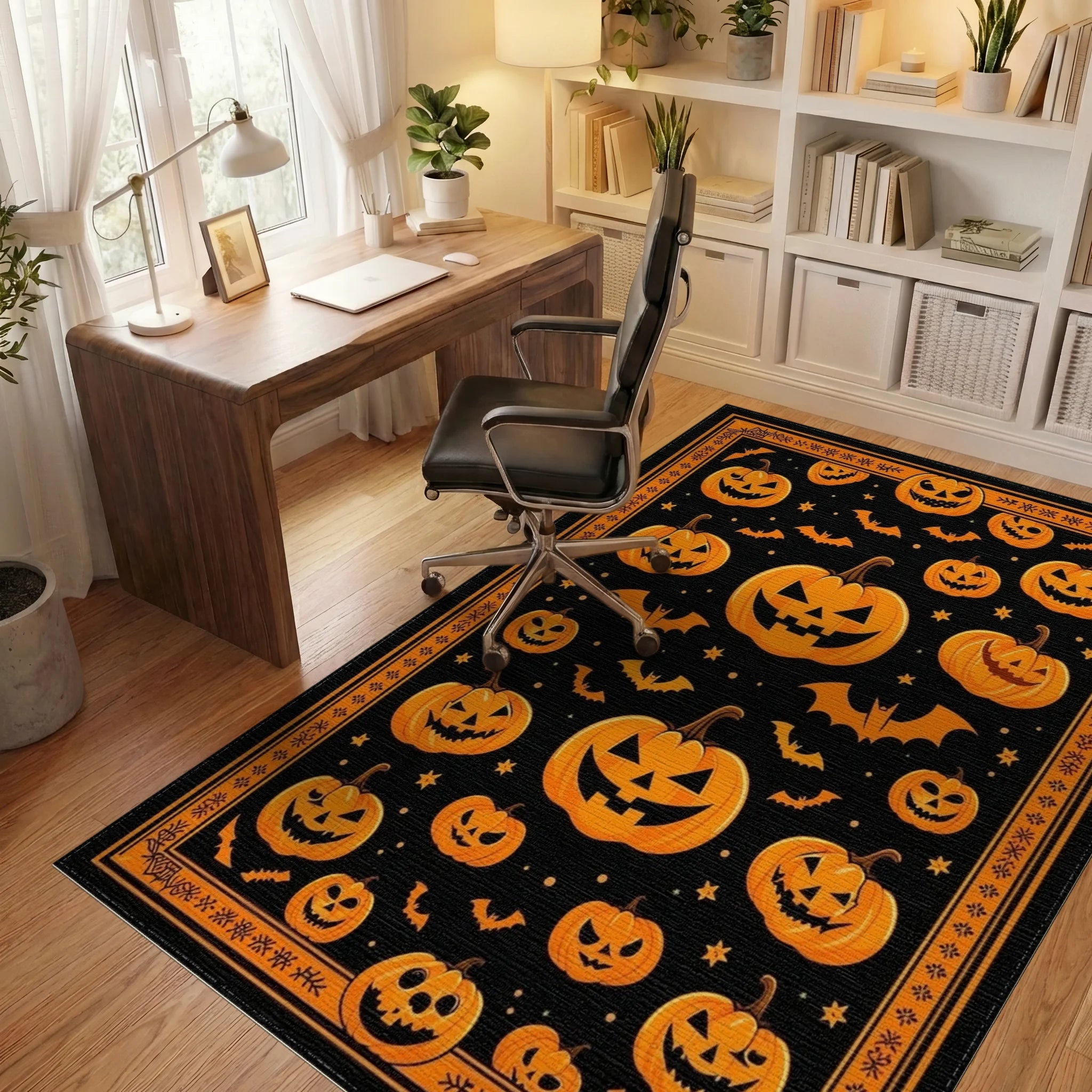 Spooky Jack-o-Lantern Bat Pattern Rug - Office View