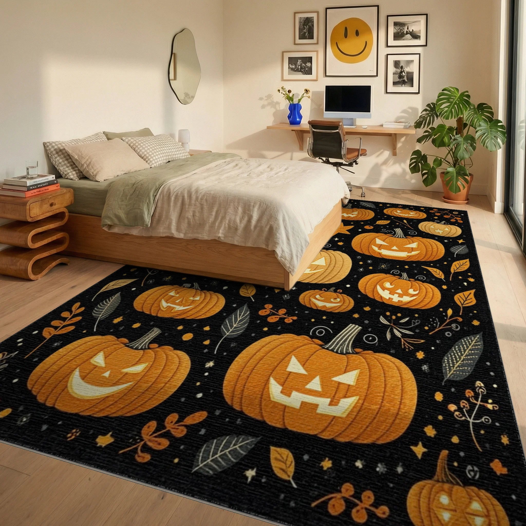 Spooky Jack O Lantern Pattern Rug - Bedroom View