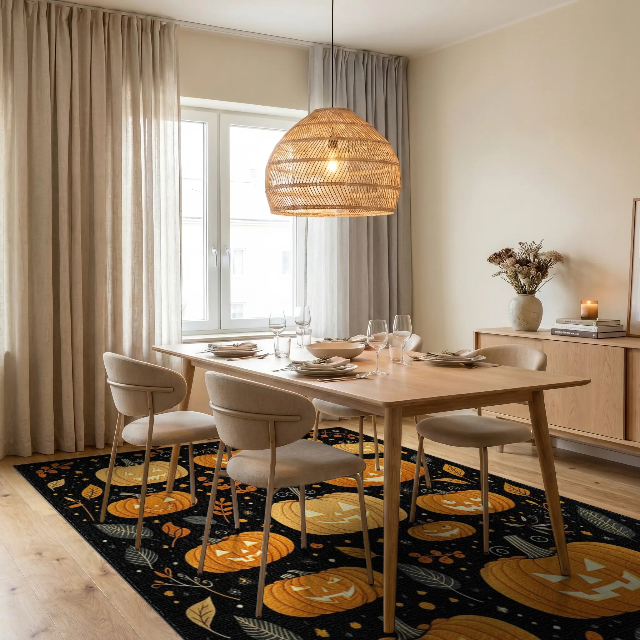 Spooky Jack O Lantern Pattern Rug - Dining Room View