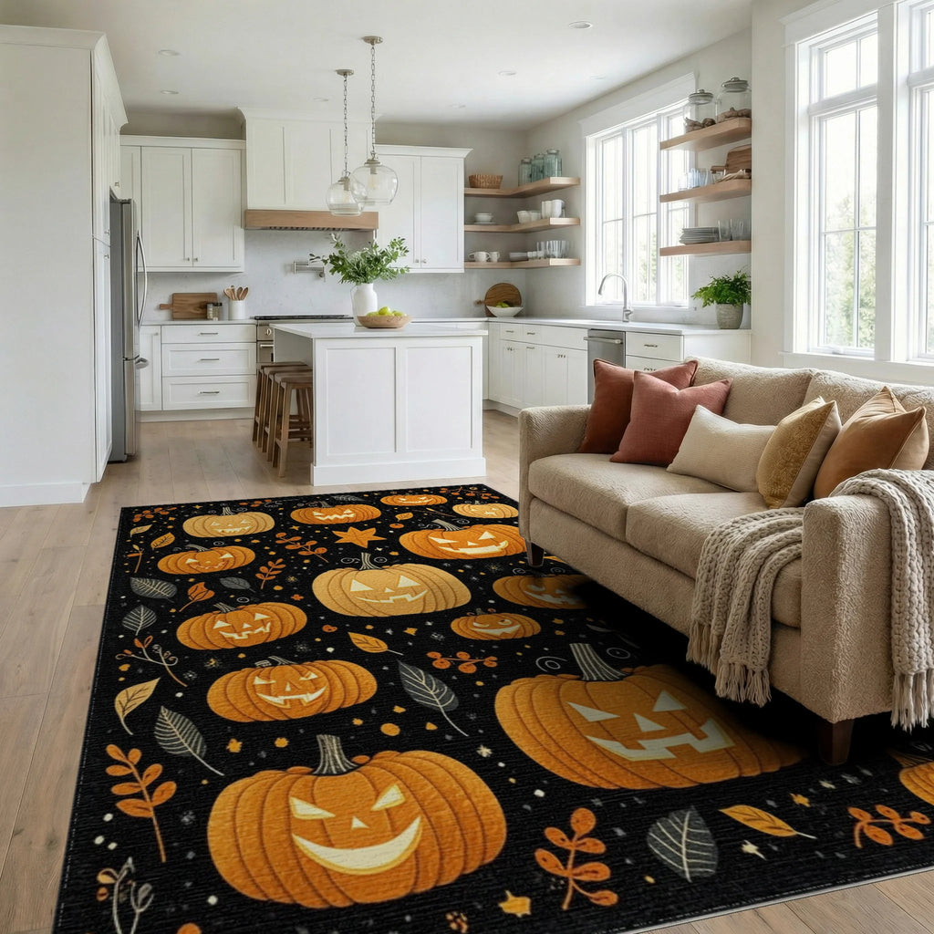 Spooky Jack O Lantern Pattern Rug - Living Room View