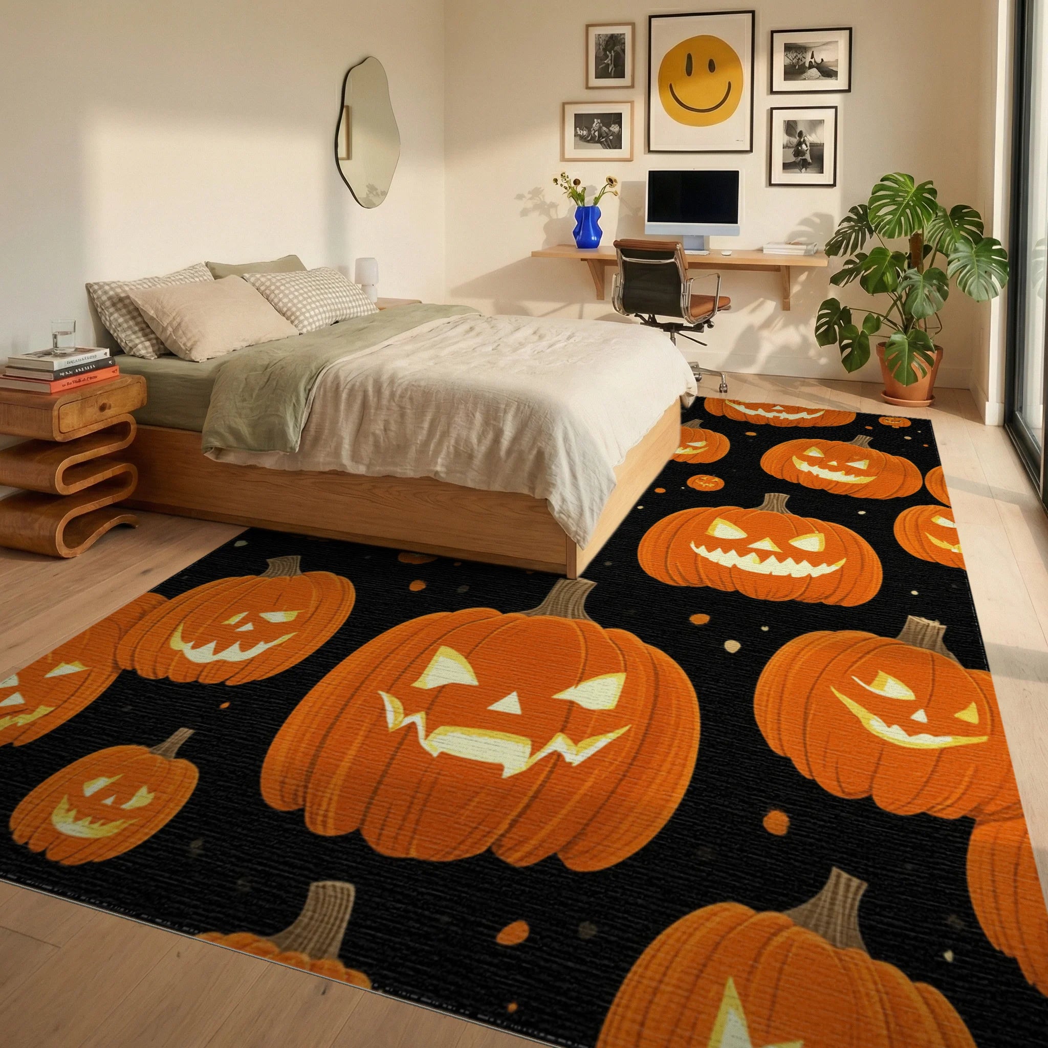 Spooky Orange Jack Lantern Pattern Rug Bedroom View