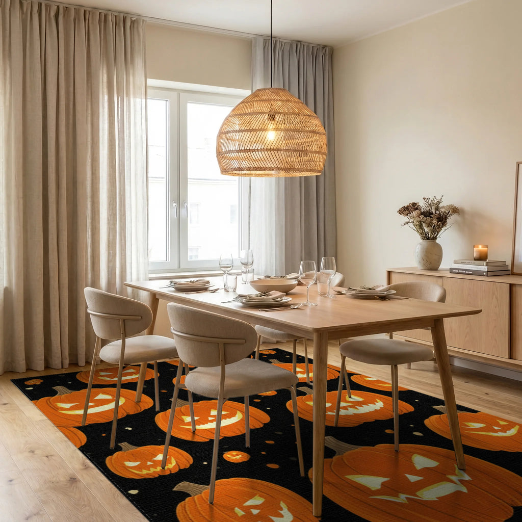 Spooky Orange Jack Lantern Pattern Rug Dining Room View