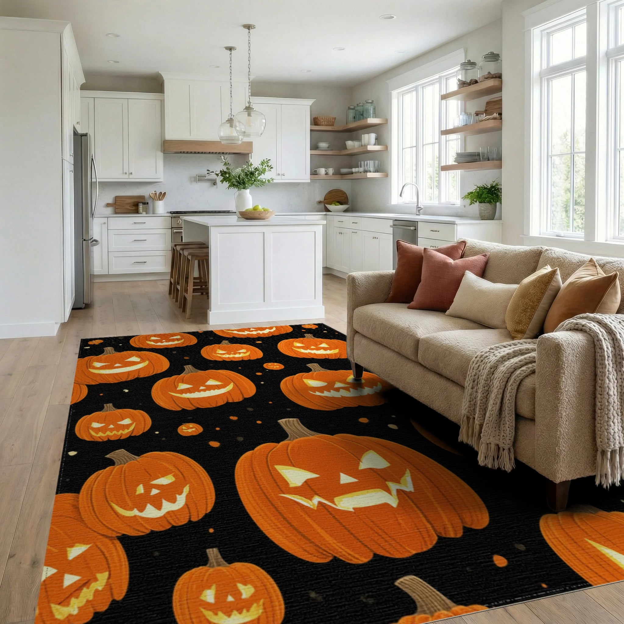 Spooky Orange Jack Lantern Pattern Rug Living Room View