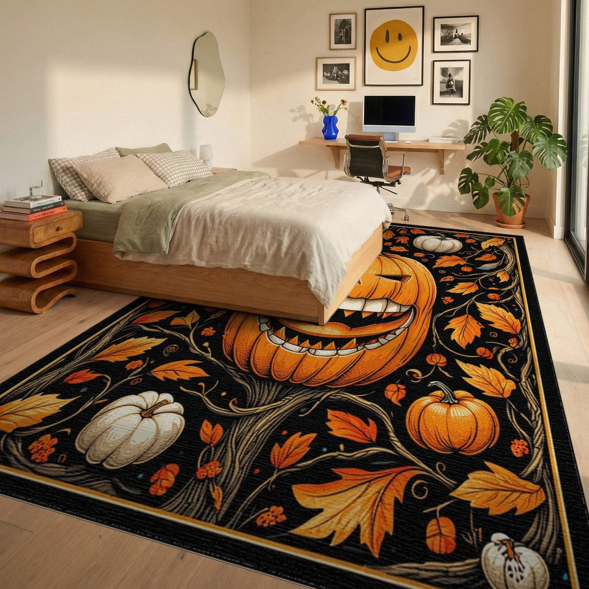 Spooky Pumpkin Vine Halloween Pattern Rug - Bedroom View