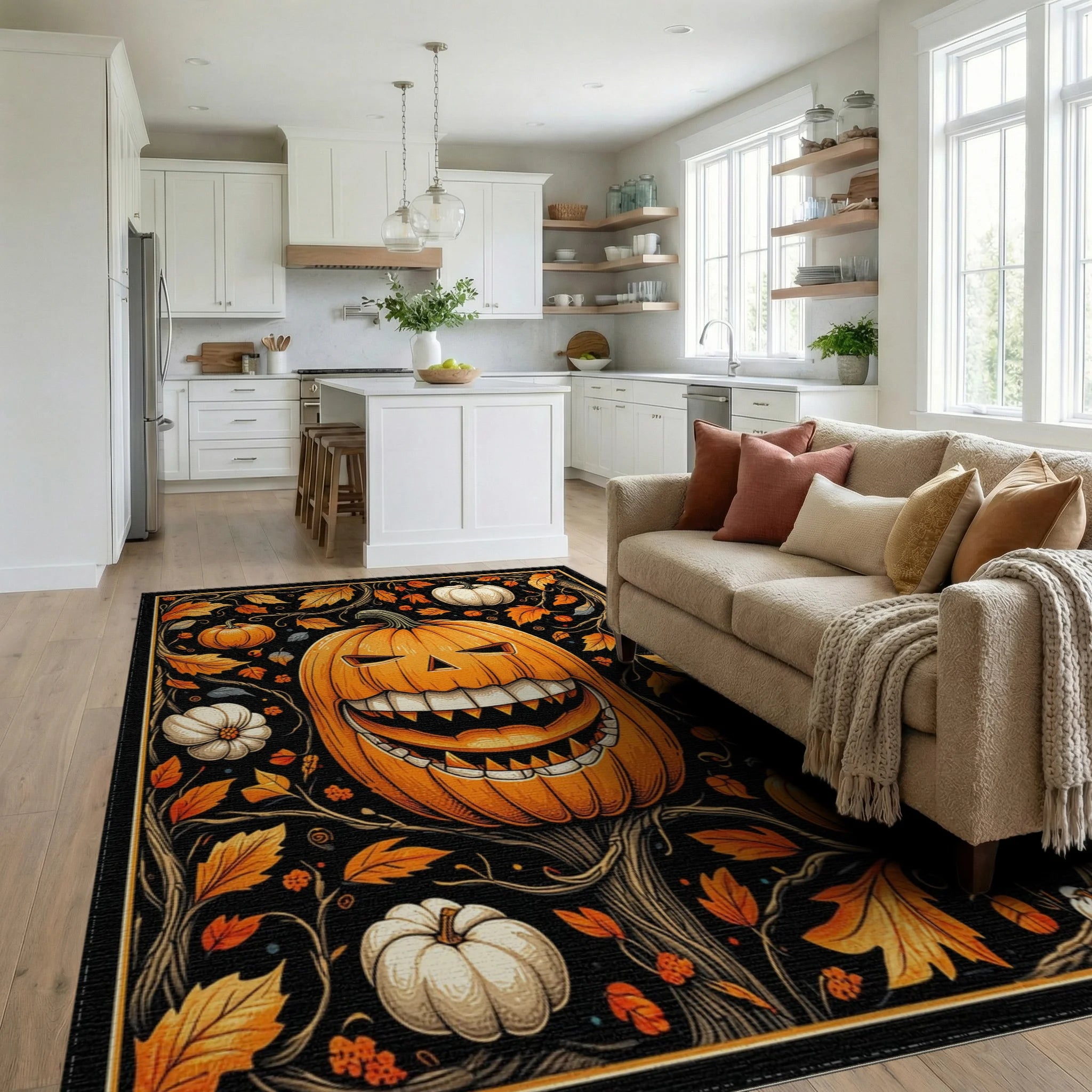 Spooky Pumpkin Vine Halloween Pattern Rug - Living Room View