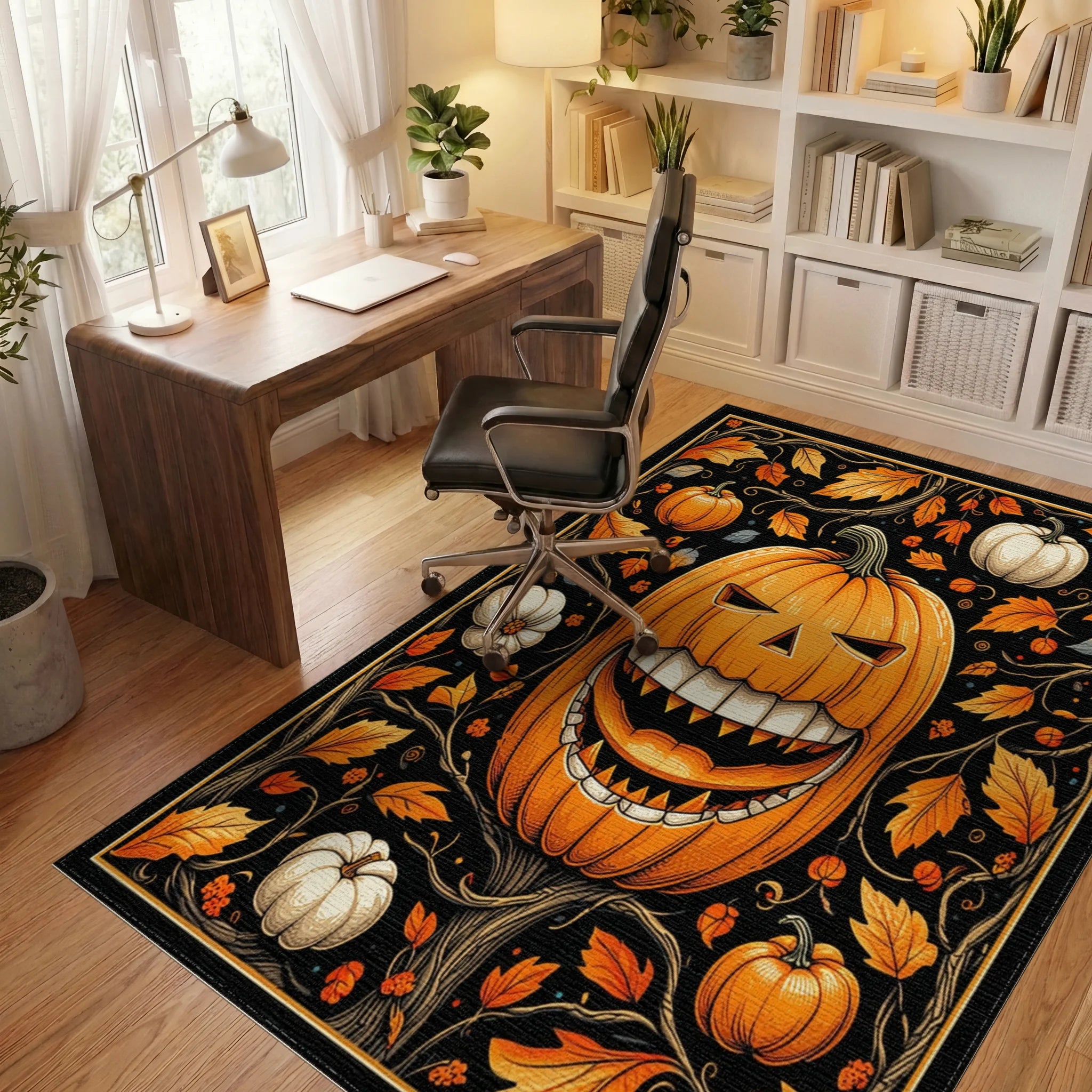 Spooky Pumpkin Vine Halloween Pattern Rug - Office View