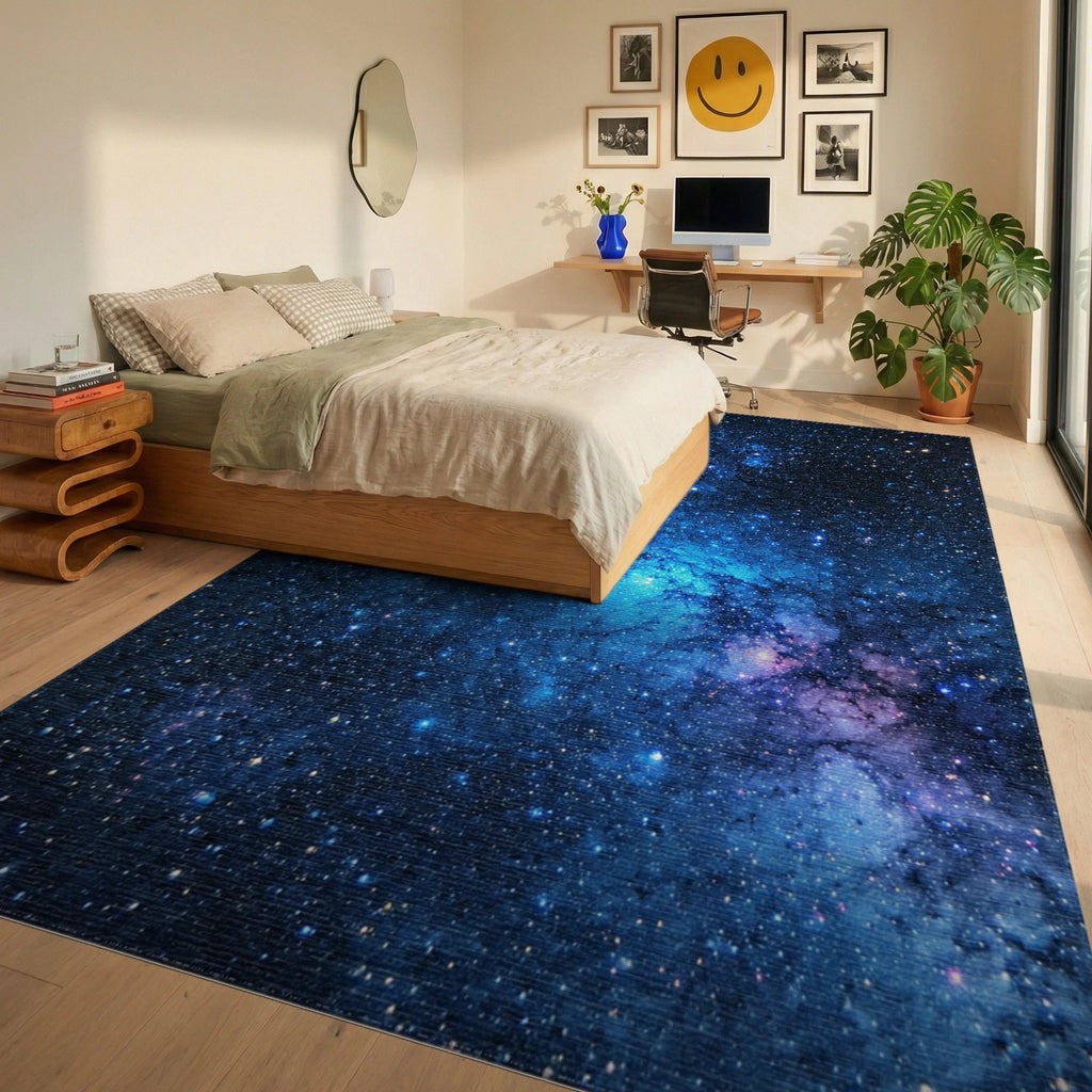 Starry Blue Nebula Galaxy Rug - Bedroom View