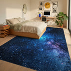 Starry Blue Nebula Galaxy Rug - Bedroom View