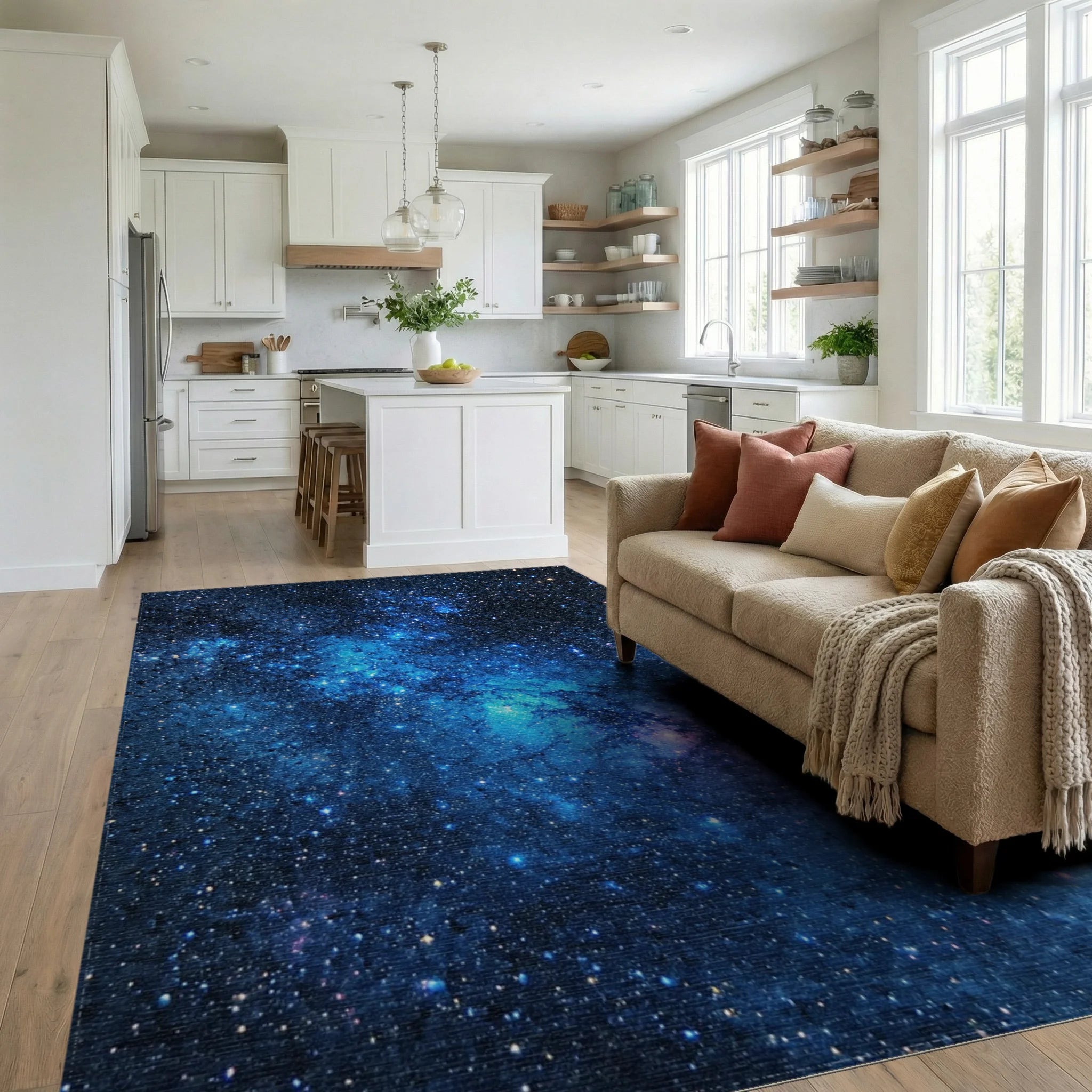 Starry Blue Nebula Galaxy Rug - Living Room View