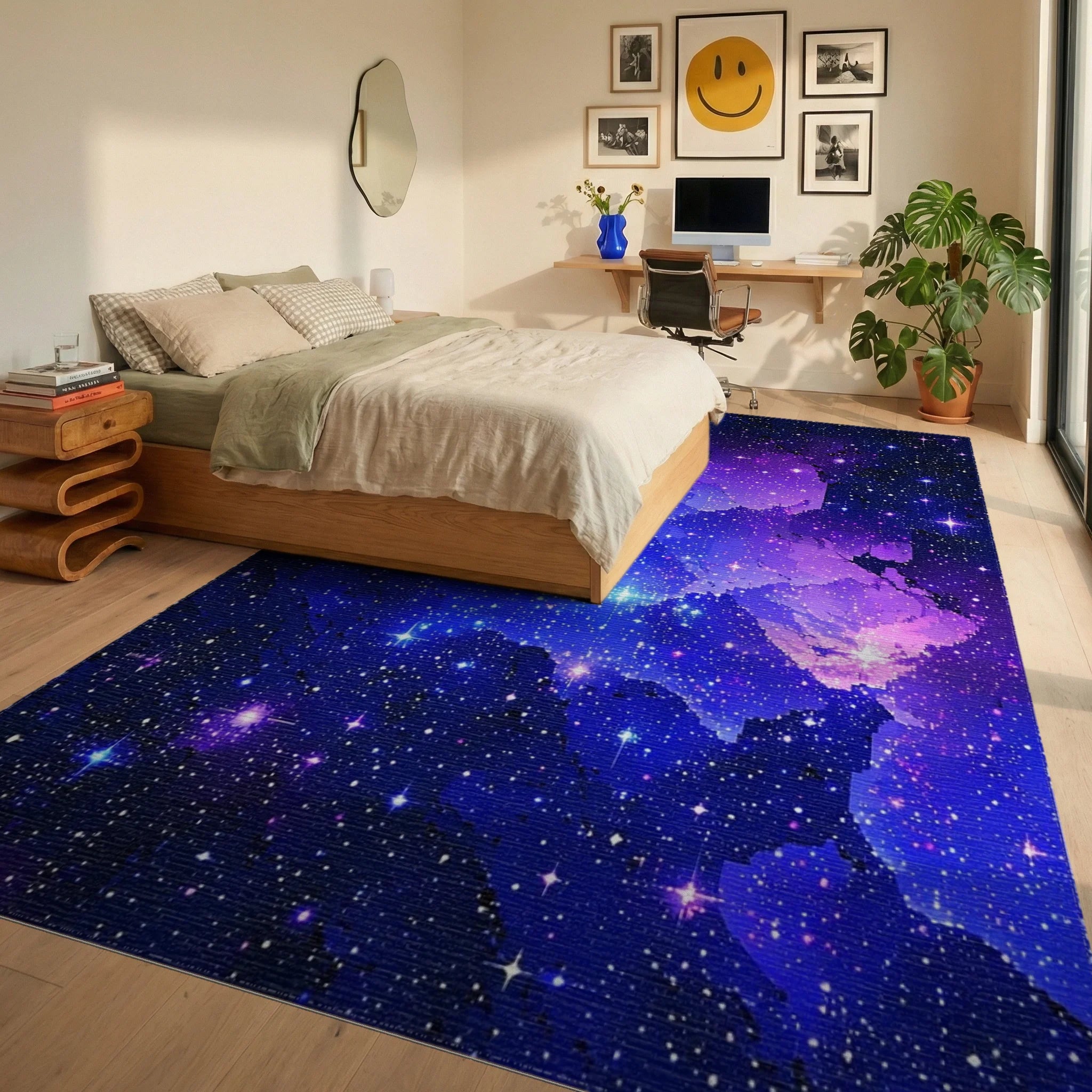 Starry Blue Purple Nebula Rug - Bedroom View
