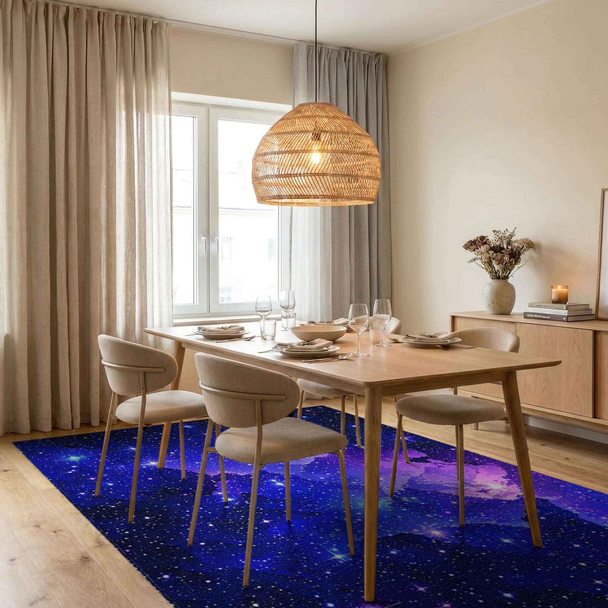 Starry Blue Purple Nebula Rug - Dining Room View