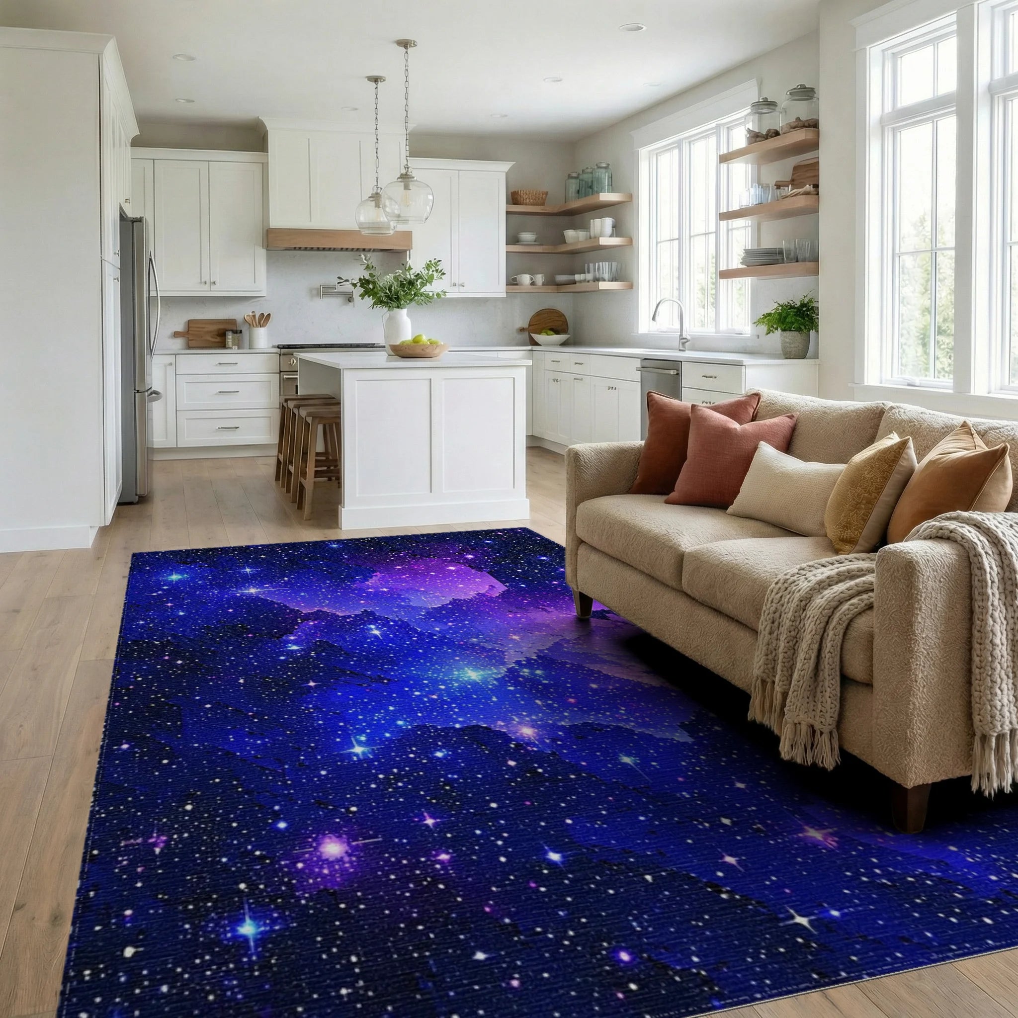 Starry Blue Purple Nebula Rug - Living Room View