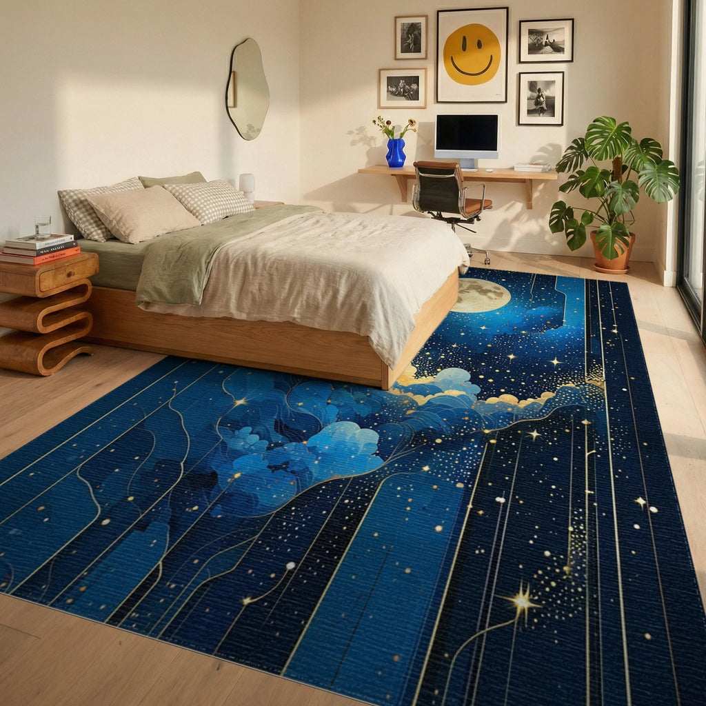 Starry Golden Moon Blue Clouds Rug - Bedroom View