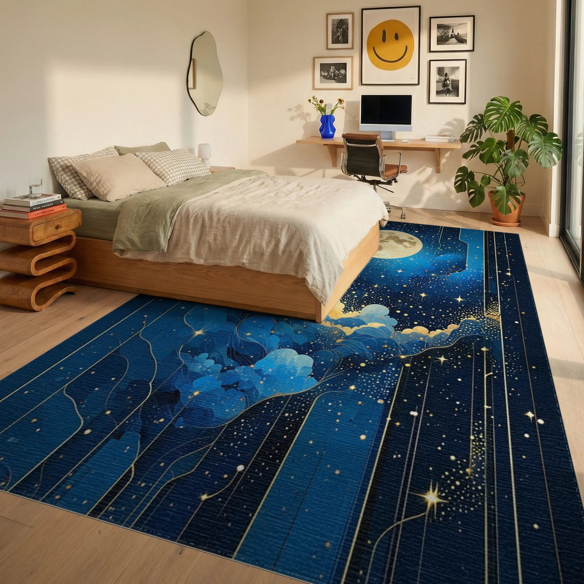 Starry Golden Moon Blue Clouds Rug - Bedroom View