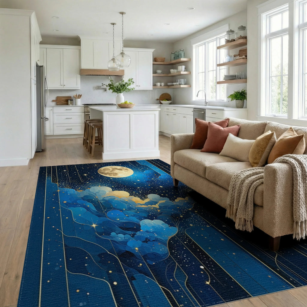 Starry Golden Moon Blue Clouds Rug - Living Room View