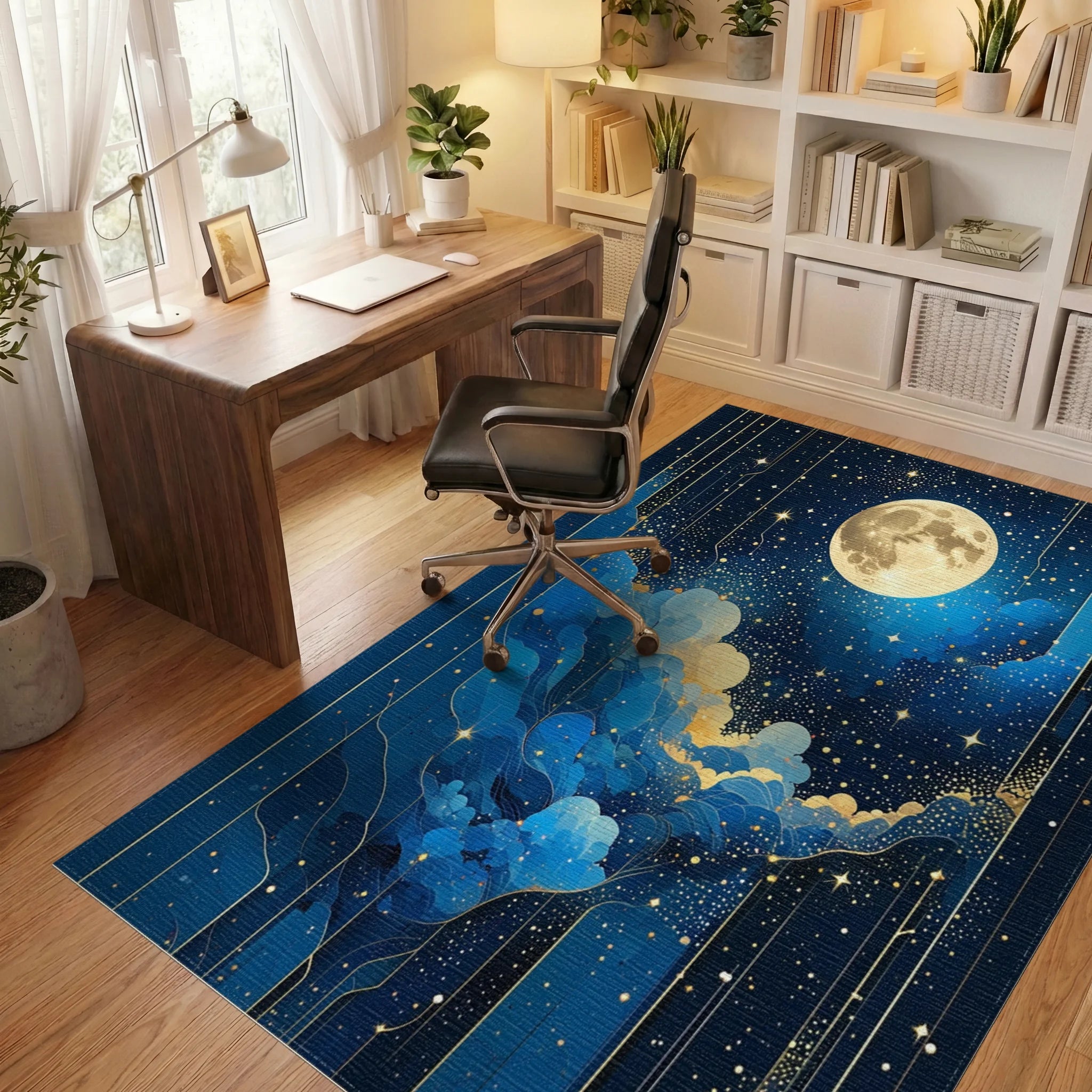 Starry Golden Moon Blue Clouds Rug - Office View
