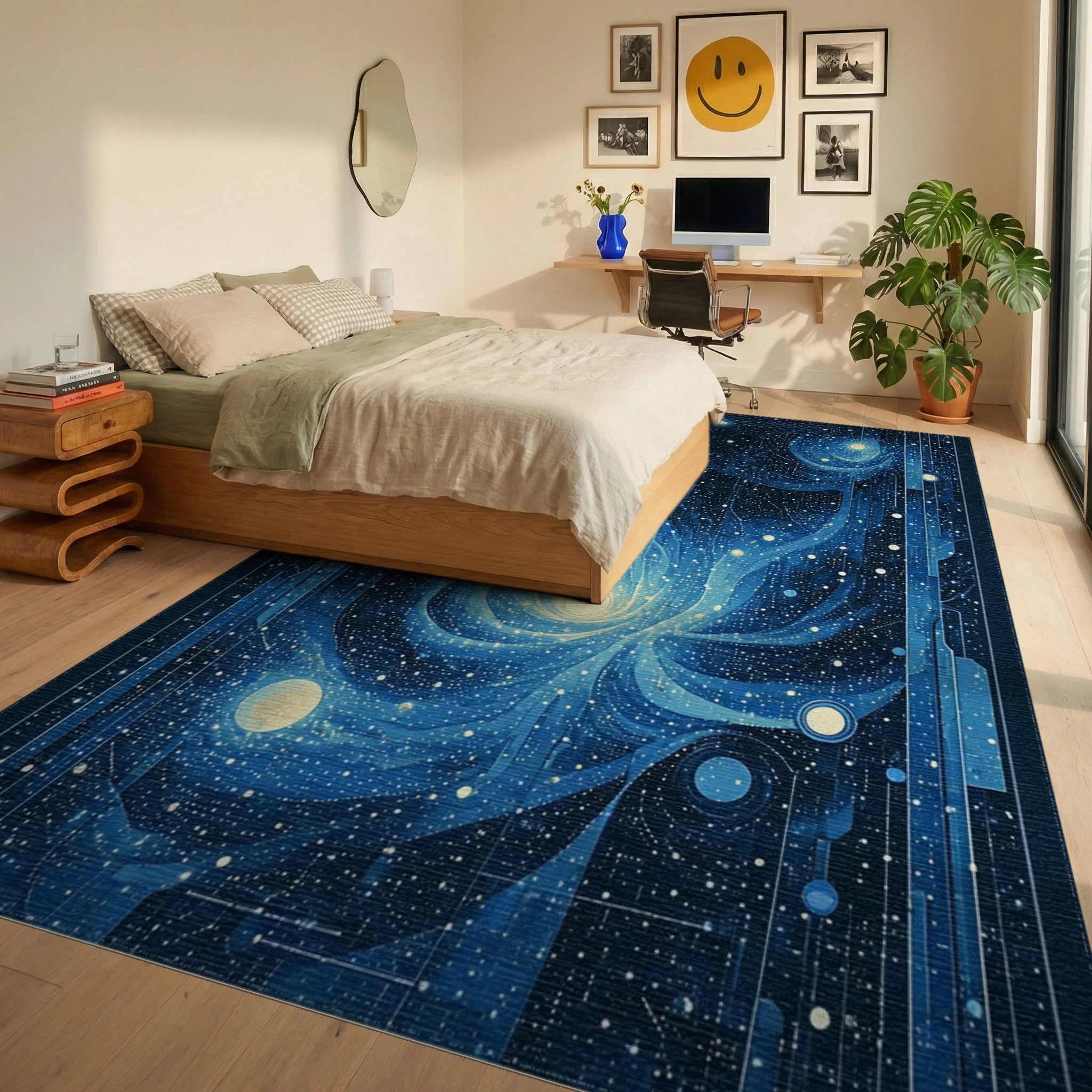 Starry Navy Galaxy Spiral Rug - Bedroom View