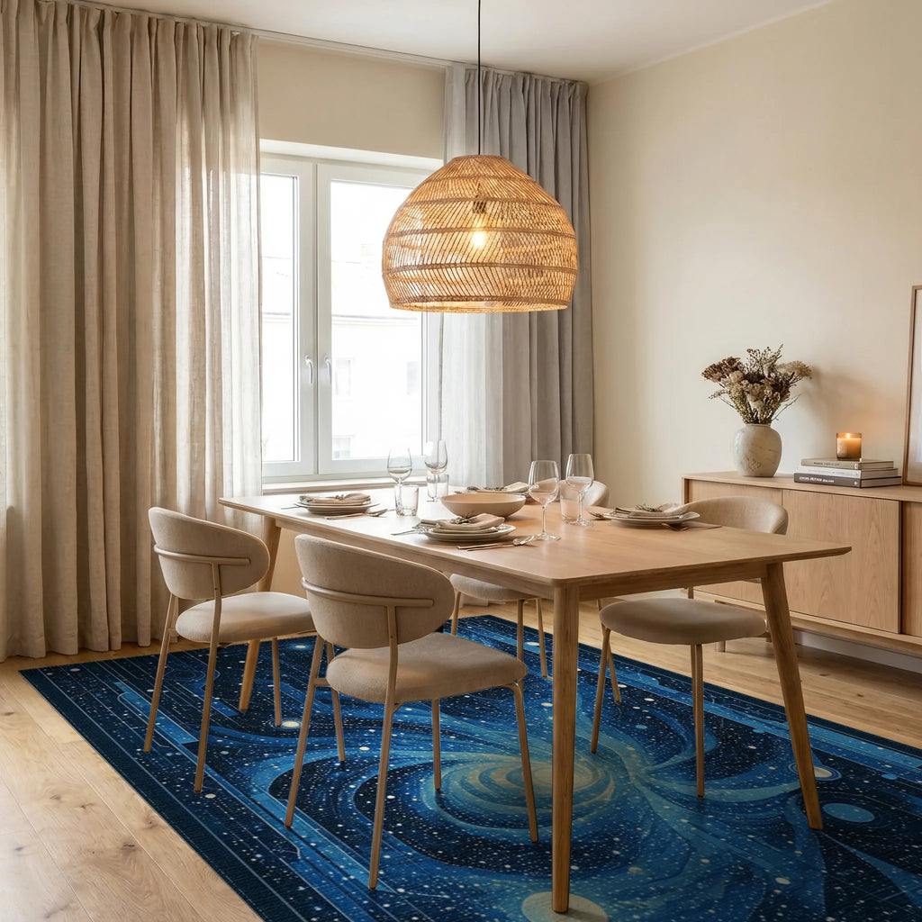 Starry Navy Galaxy Spiral Rug - Dining Room View