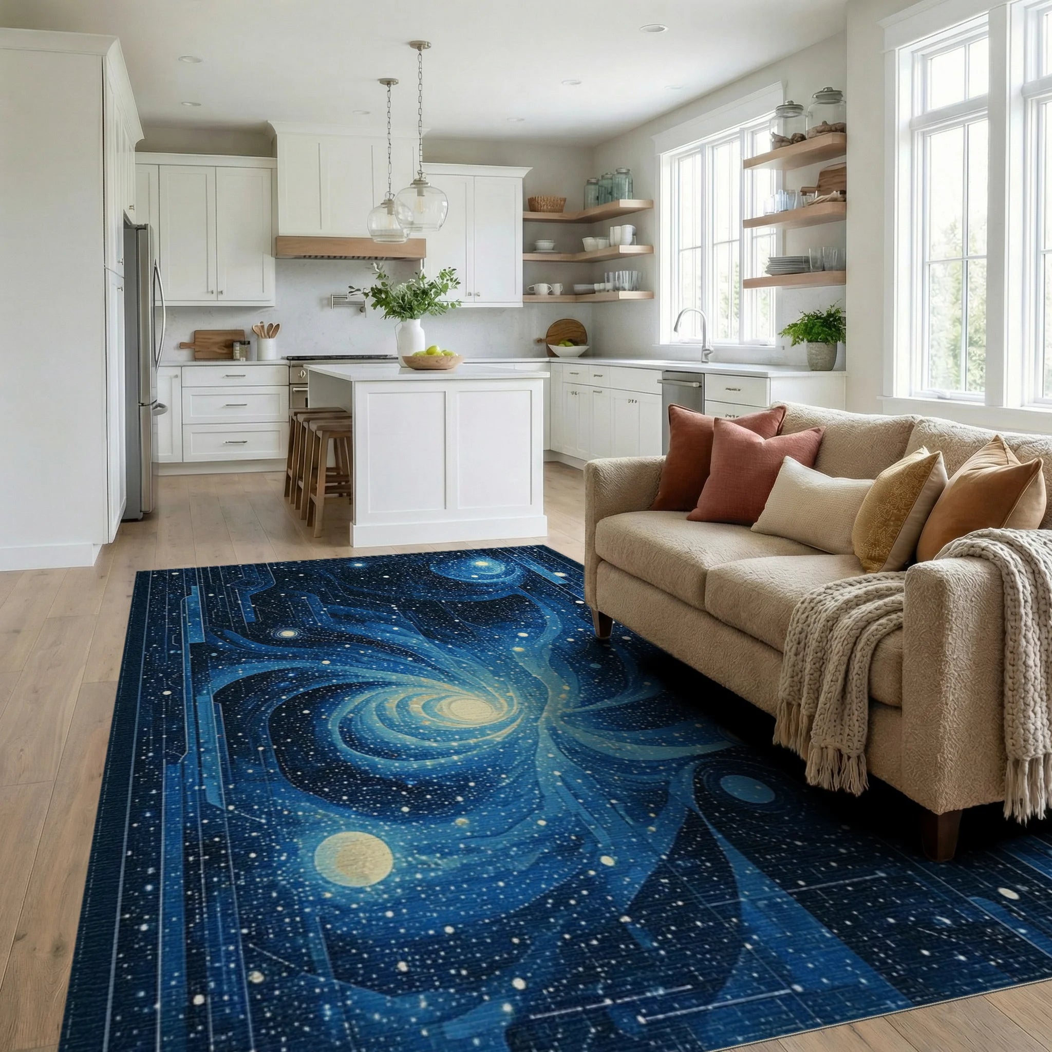 Starry Navy Galaxy Spiral Rug - Living Room View