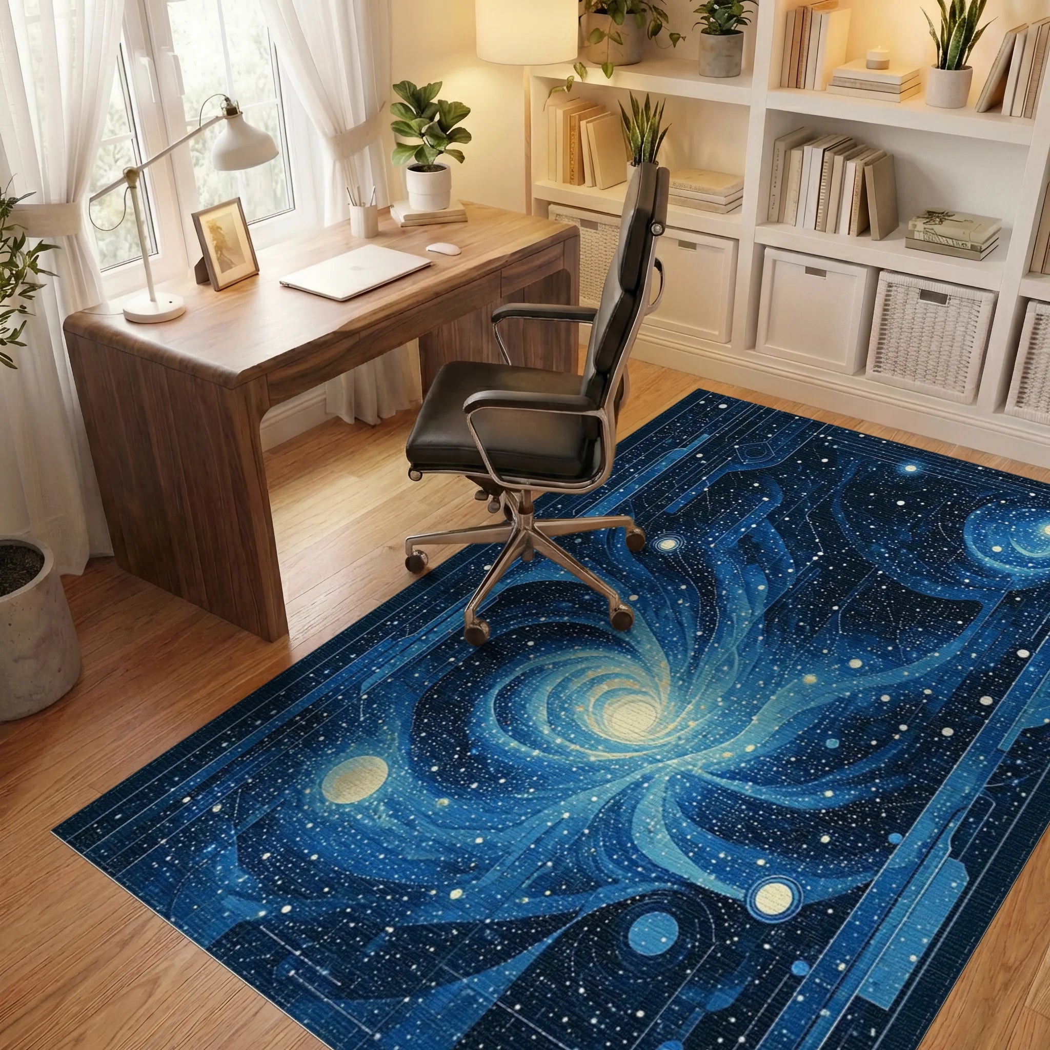 Starry Navy Galaxy Spiral Rug - Office View