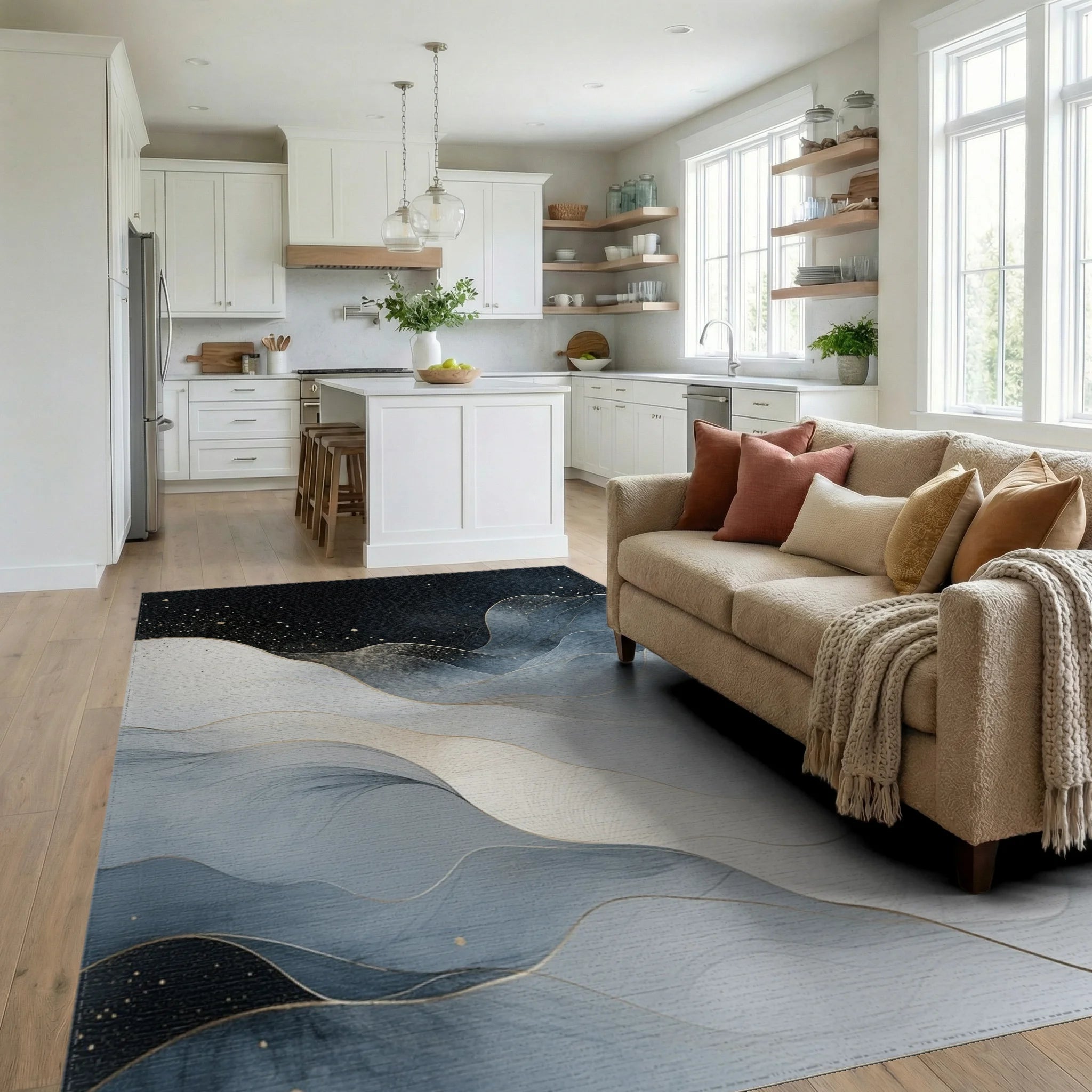 Starry Navy Gold Waves Rug Living Room View